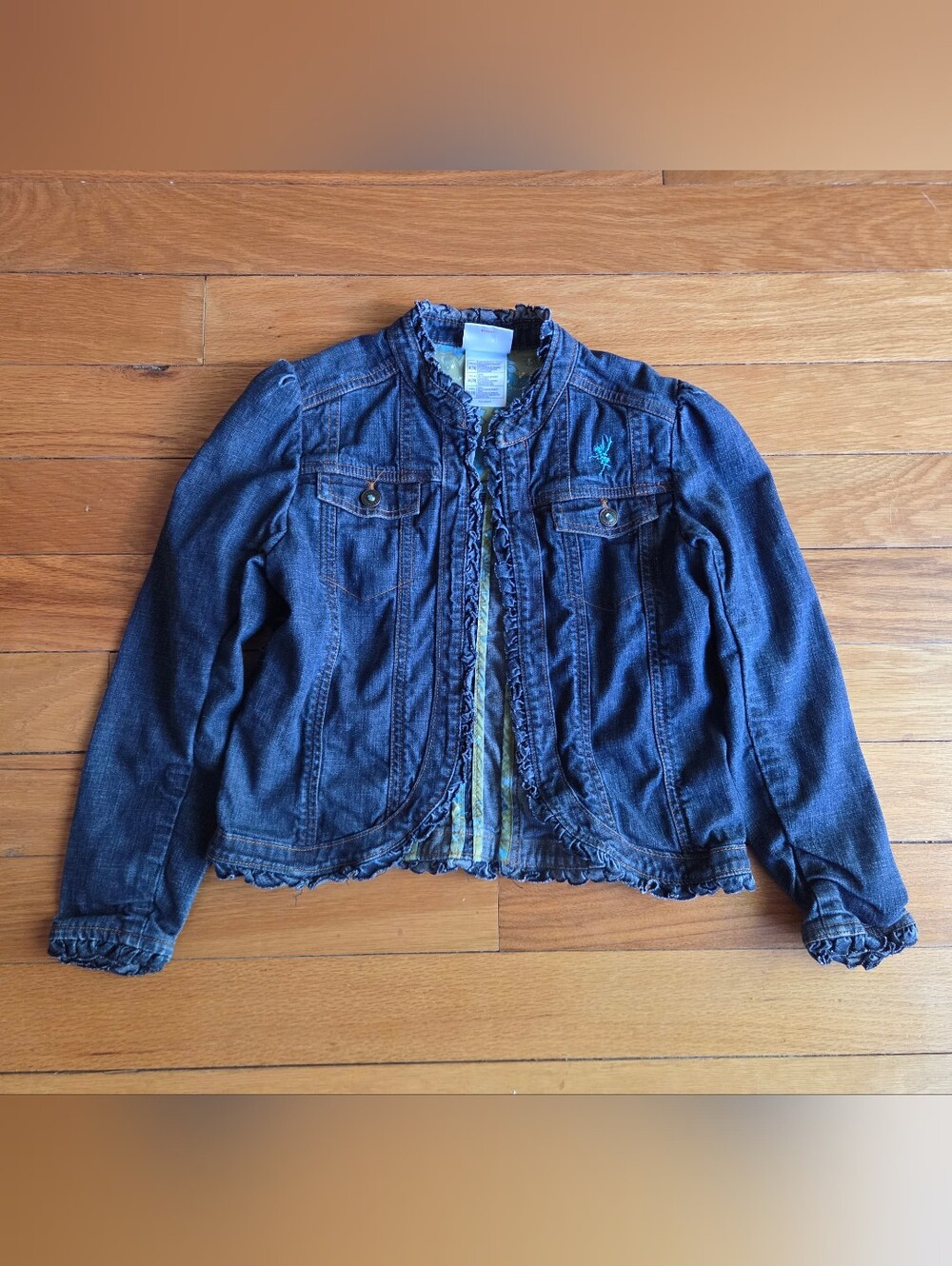 Vintage Disney Store Tinkerbell Dark Blue Denim Jean Jacket with Ruffle Trim